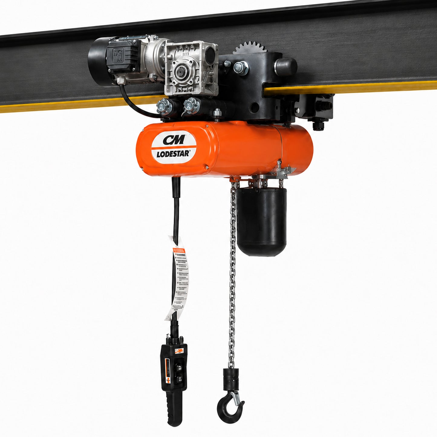 3 ton CM Lodestar Electric Chain Hoist with Universal Motorized Trolley, 20ft of lift @ 11fpm, 230/460v