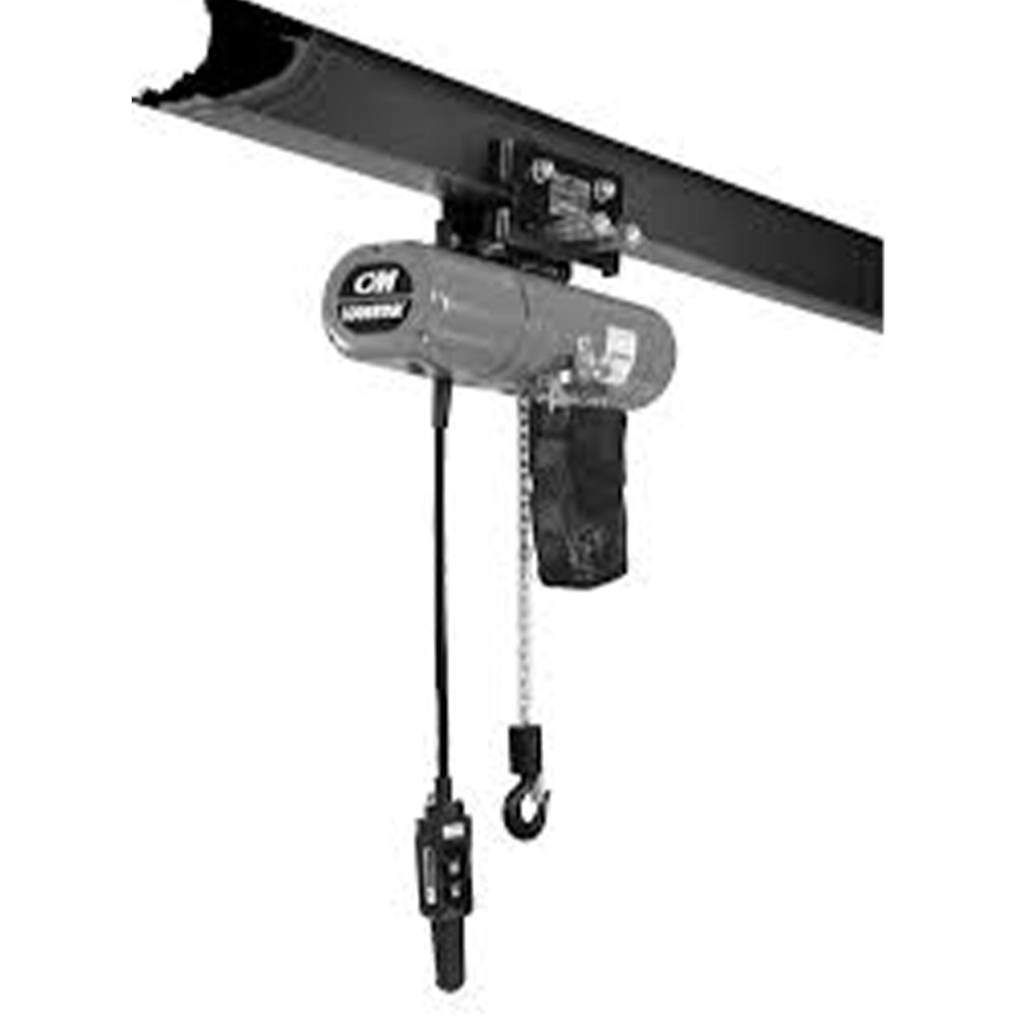 3 ton CM Lodestar Electric Chain Hoist with Universal Plain Trolley, 20ft of lift @ 11fpm, 230/460v