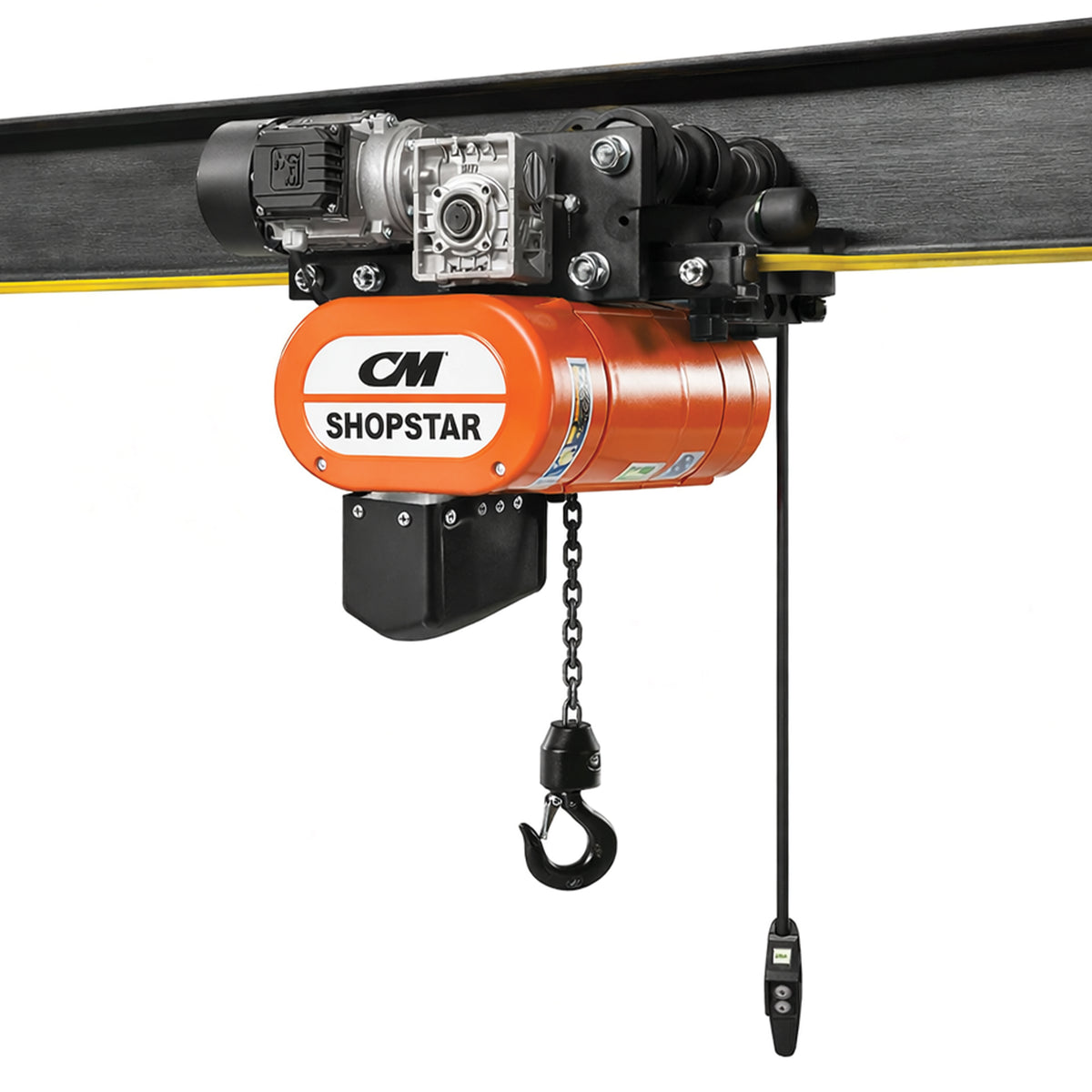 500 Lb. CM Shopstar Electric Chain Hoist with Universal Motorized Trolley, 10ft of lift @ 24fpm, 460v