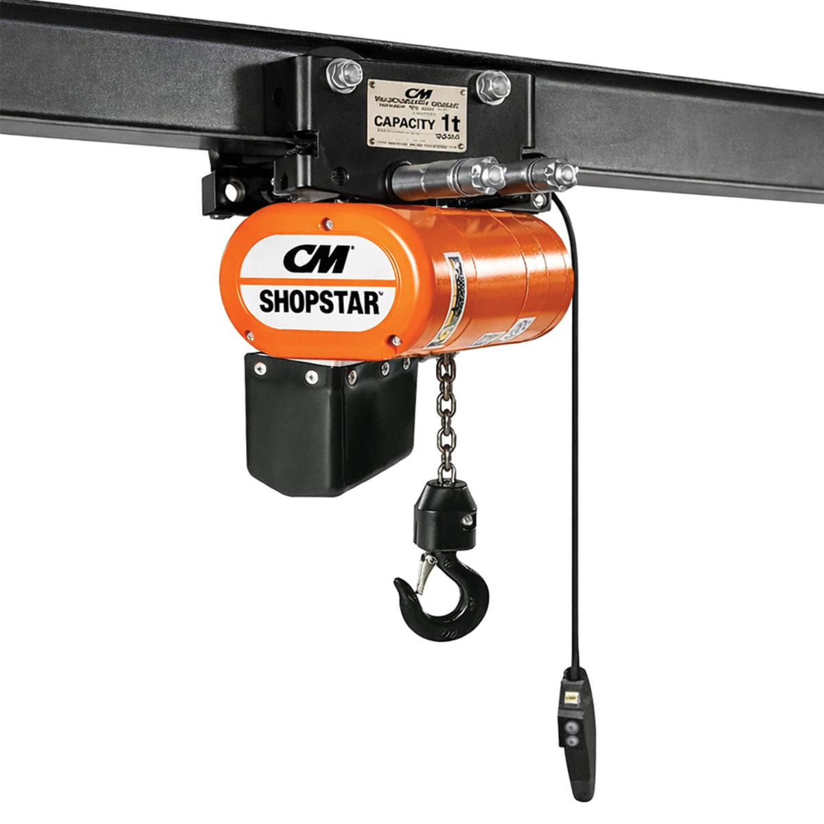 500 Lb. CM Shopstar Electric Chain Hoist with Universal Plain Trolley, 10ft of lift @ 24fpm, 460v