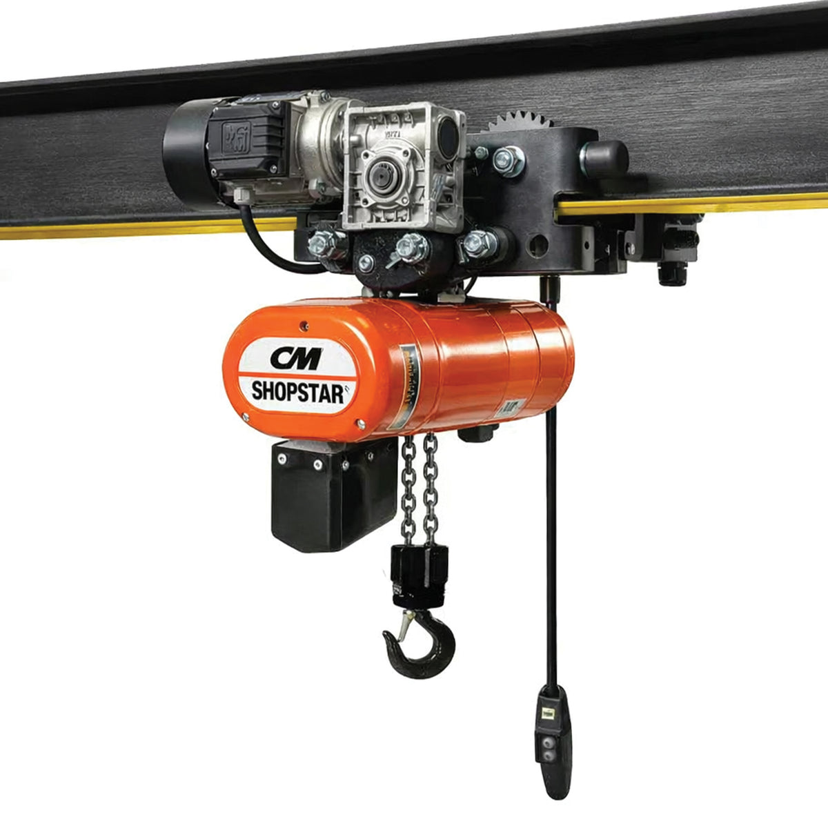 1000 Lb. CM Shopstar Electric Chain Hoist with Universal Motorized Trolley, 10ft of lift @ 12fpm, 460v
