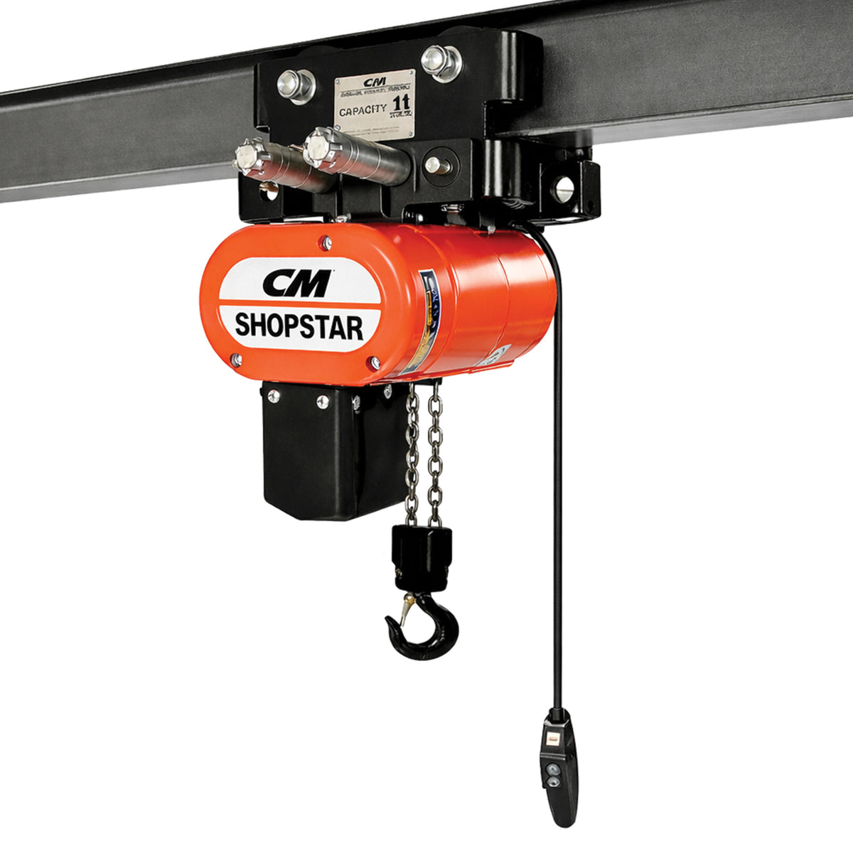 1000 Lb. CM Shopstar Electric Chain Hoist with Universal Plain Trolley, 10ft of lift @ 12fpm, 460v
