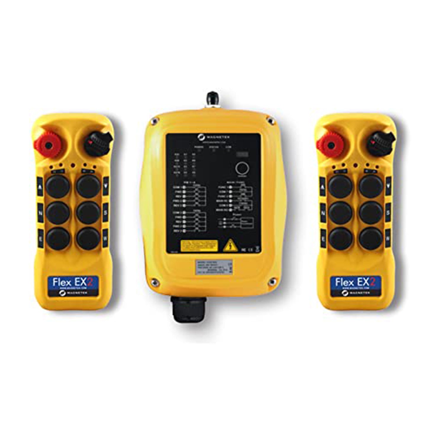 One 9-36 VDC receiver and two transmitters with six 2-speed pushbuttons (3-motion, 2-speed with E-stop, Off/On/Start)