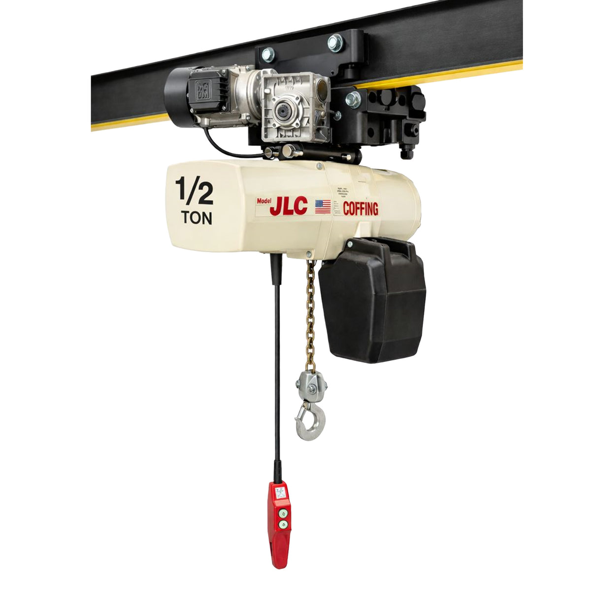 1/2 ton Coffing JLC Electric Chain Hoist with Universal Motorized Trolley, 20ft of lift @ 32fpm, 230/460v