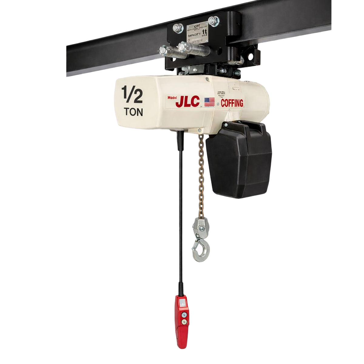 1/2 ton Coffing JLC Electric Chain Hoist with Universal Plain Trolley, 20ft of lift @ 32fpm, 230/460v