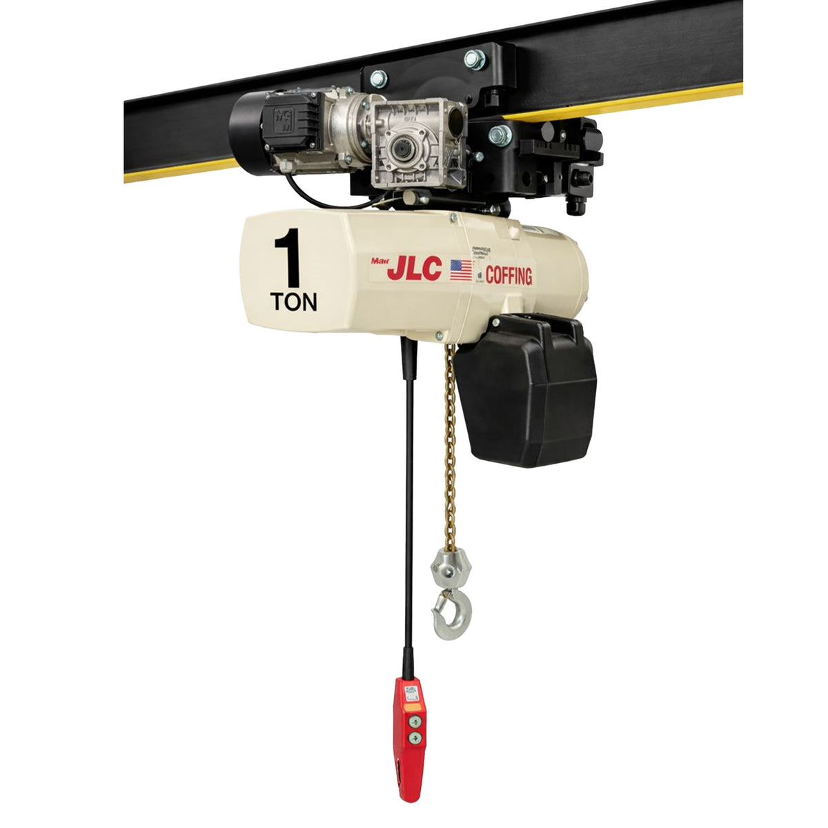 1 ton Coffing JLC Electric Chain Hoist with Universal Motorized Trolley, 15ft of lift @ 16fpm, 230/460v