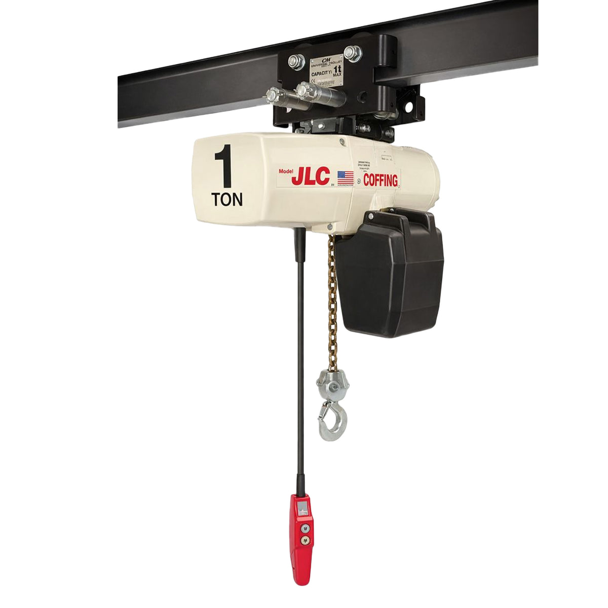1 ton Coffing JLC Electric Chain Hoist with Universal Plain Trolley, 20ft of lift @ 16fpm, 230/460v
