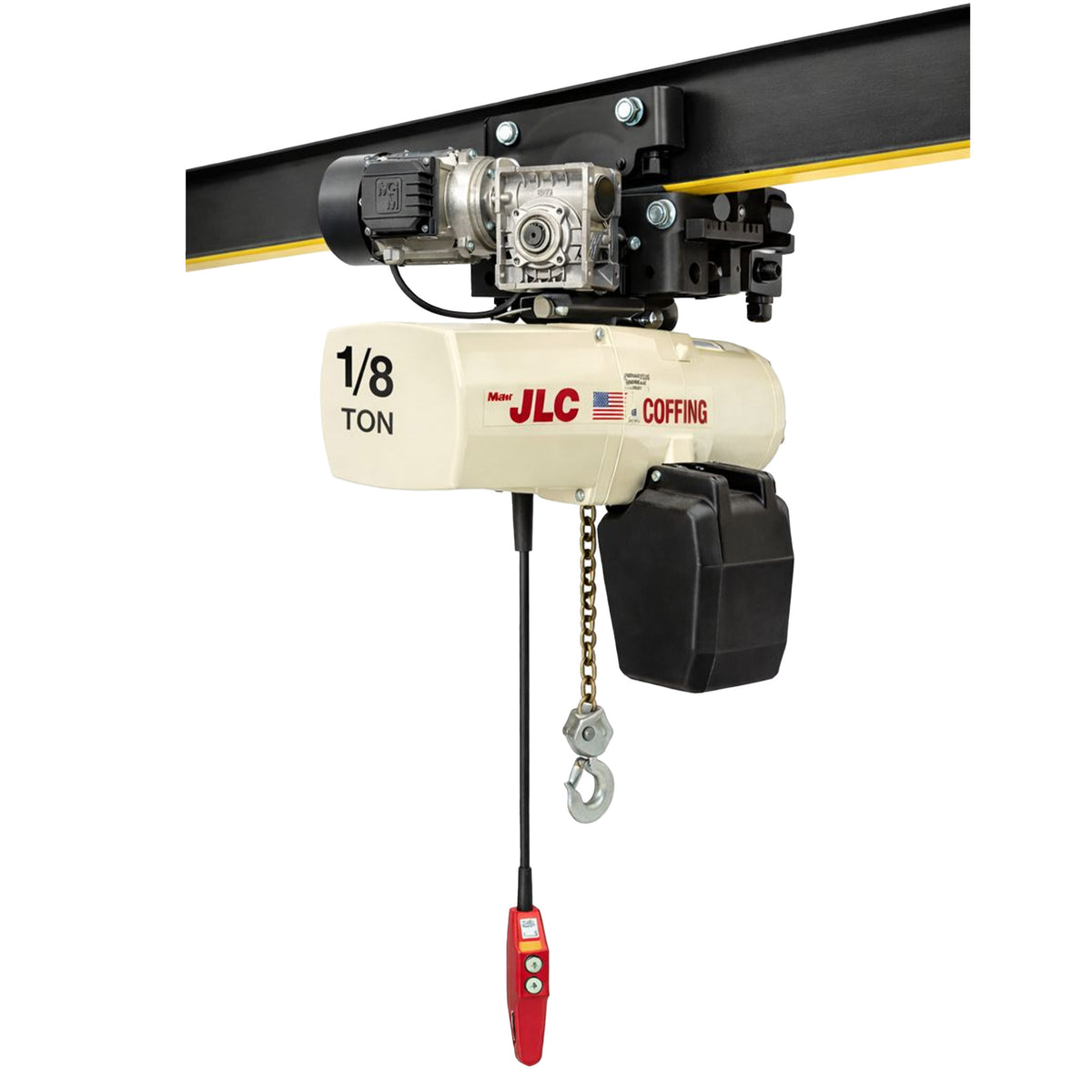 1/8 ton Coffing JLC Electric Chain Hoist with Universal Motorized Trolley, 20ft of lift @ 32fpm, 230/460v