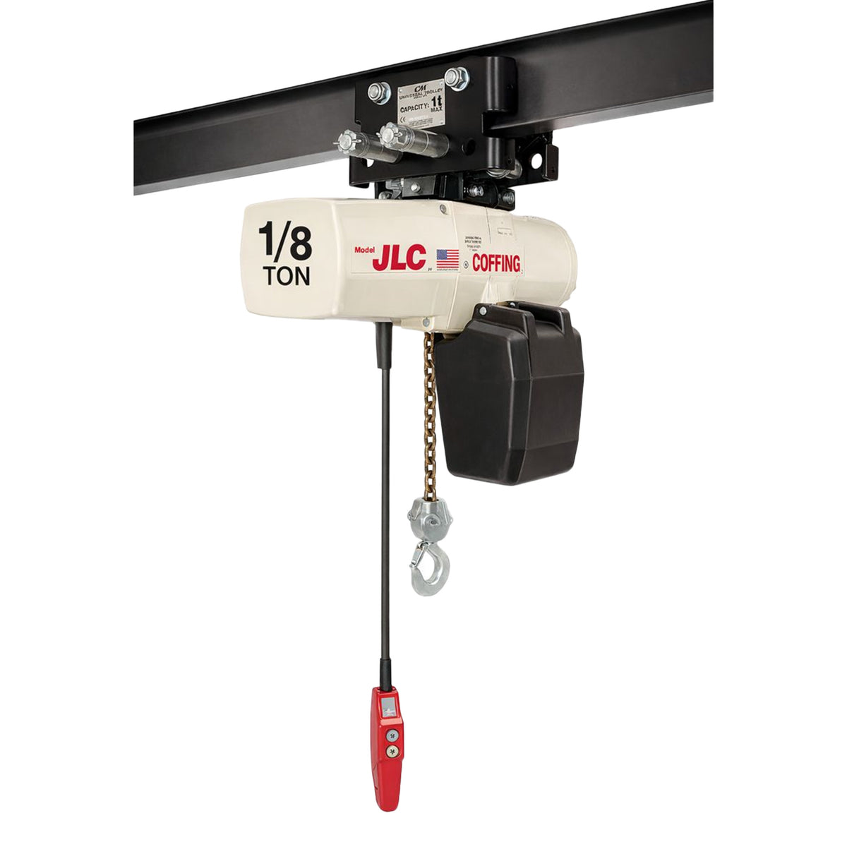 1/8 ton Coffing JLC Electric Chain Hoist with Universal Plain Trolley, 20ft of lift @ 32fpm, 230/460v
