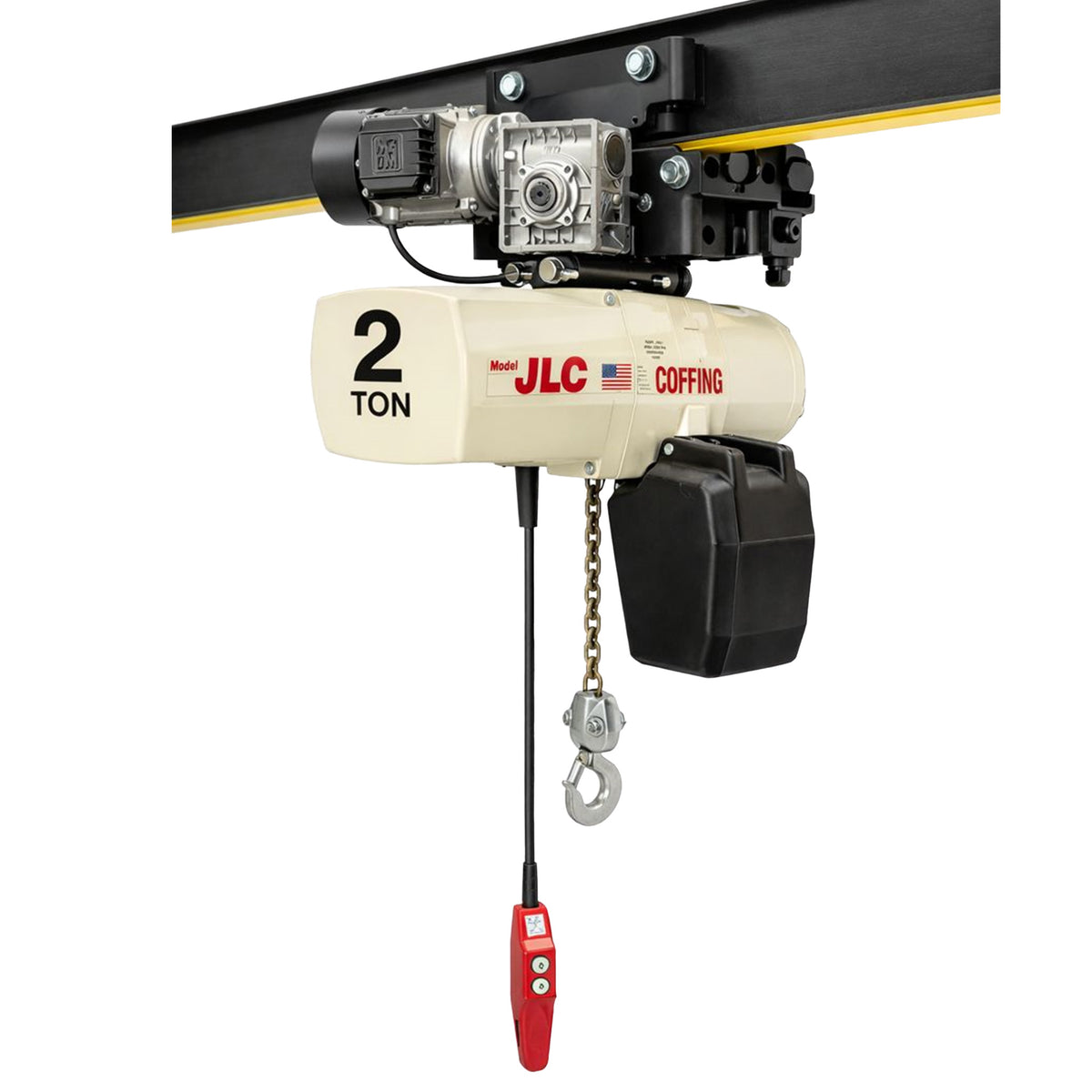2 ton Coffing JLC Electric Chain Hoist with Universal Motorized Trolley, 20ft of lift @ 8fpm, 230/460v
