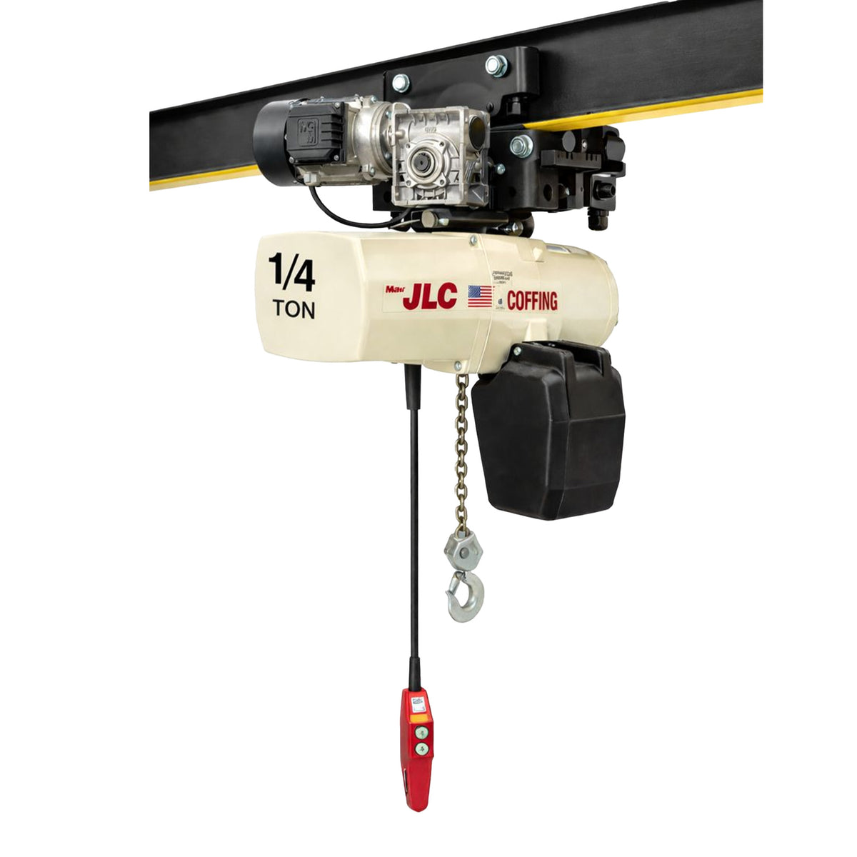 1/4 ton Coffing JLC Electric Chain Hoist with Universal Motorized Trolley, 20ft of lift @ 32fpm, 230/460v