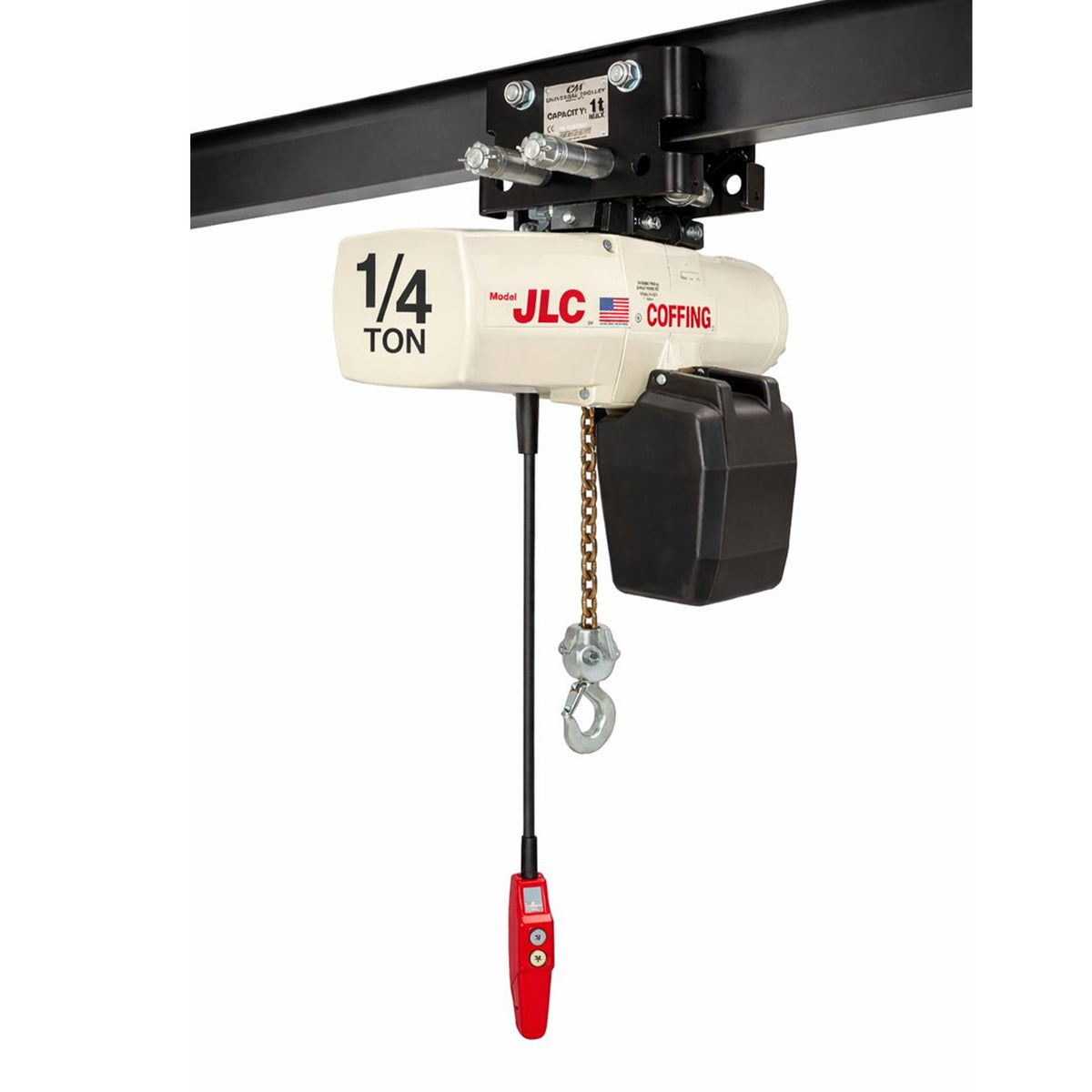 1/4 ton Coffing JLC Electric Chain Hoist with Universal Plain Trolley, 20ft of lift @ 32fpm, 230/460v