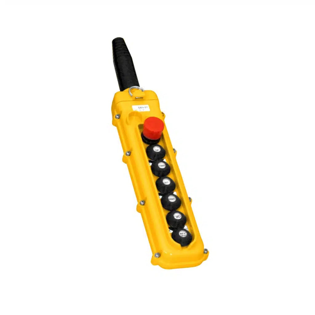 SBN Pendant Pushbutton Station, 7-Button, (3) Single-Speed with Emergency Stop (Rotate to Release)