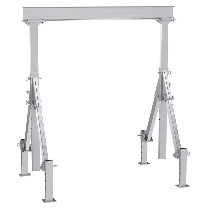 Vestil Aluminum Adjustable Height Gantry Crane with Adjustable Leveling Legs. 8 Ft. Wide x 8 Ft. Max Usable Height; 4,000 Lb. capacity.