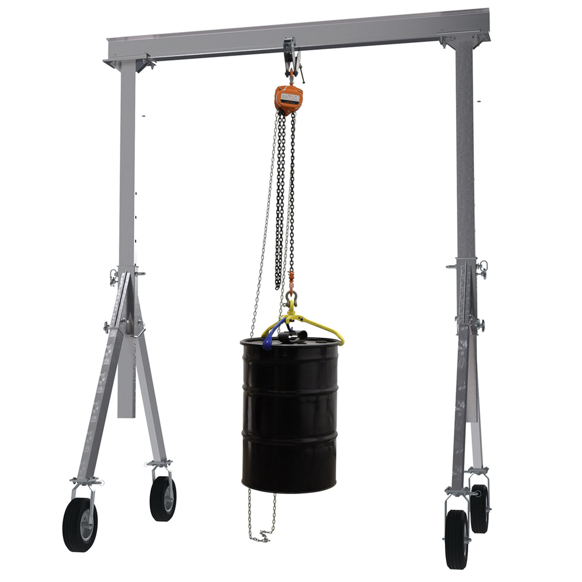 Vestil Aluminum Adjustable Height Gantry Crane with Pneumatic Casters. 8 Ft. Wide x 8 Ft. Max Usable Height; 4,000 Lb. capacity.