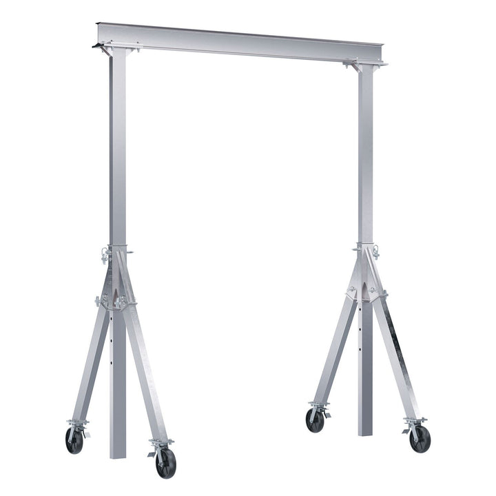 Vestil Aluminum Adjustable Height Gantry Crane with V-Groove Casters. 8 Ft. Wide x 8 Ft. Max Usable Height; 4,000 Lb. capacity.