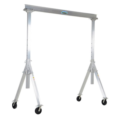Vestil Aluminum Adjustable Height Gantry Crane. 8 Ft. Wide x 8 Ft. Max Usable Height; 6,000 Lb. capacity. Under-beam adjustment range: (74 – 98) in.