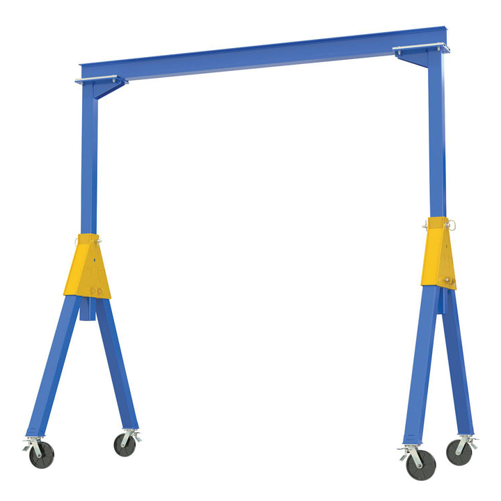 Vestil Fixed Knockdown Steel Gantry Crane. Total-locking casters. Capacity (lb): 8000. Height: 10'. Length: 20'. beam width: 20 ft.
