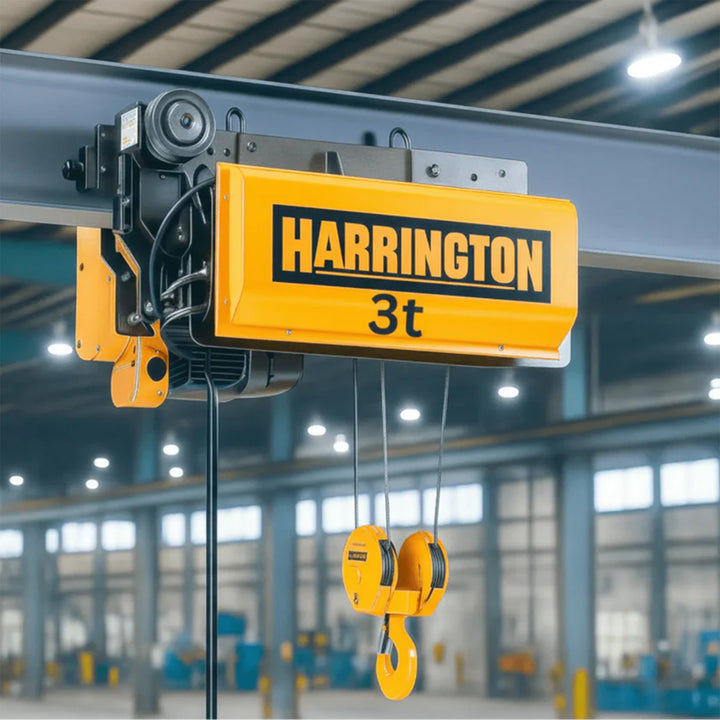 3 Ton Harrington RY Electric Wire Rope Hoist with Motorized Trolley, 33ft of lift @ 26/4.3fpm, 460v
