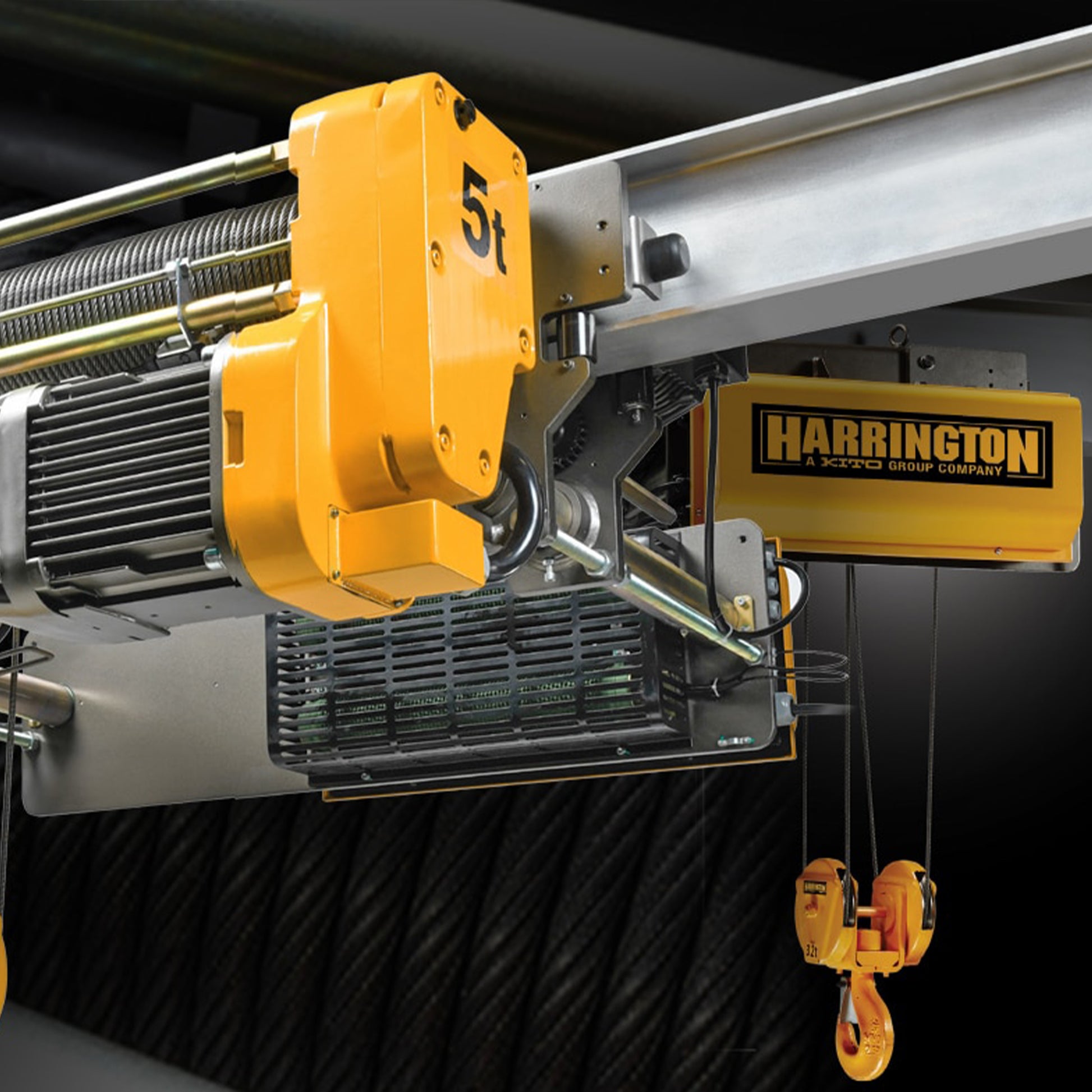 5 Ton Harrington RY Electric Wire Rope Hoist with Motorized Trolley, 33ft of lift @ 26/4.3fpm, 460v