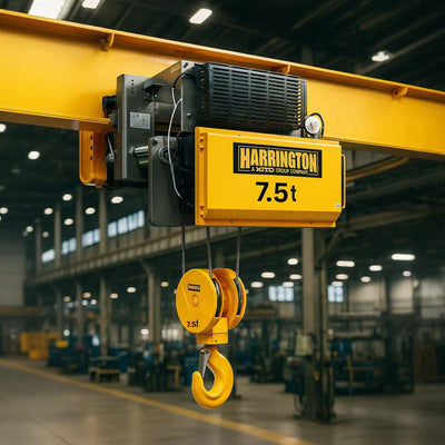 7.5 Ton Harrington RY Electric Wire Rope Hoist with Motorized Trolley, 40ft of lift @ 20/3.3fpm, 208-230v