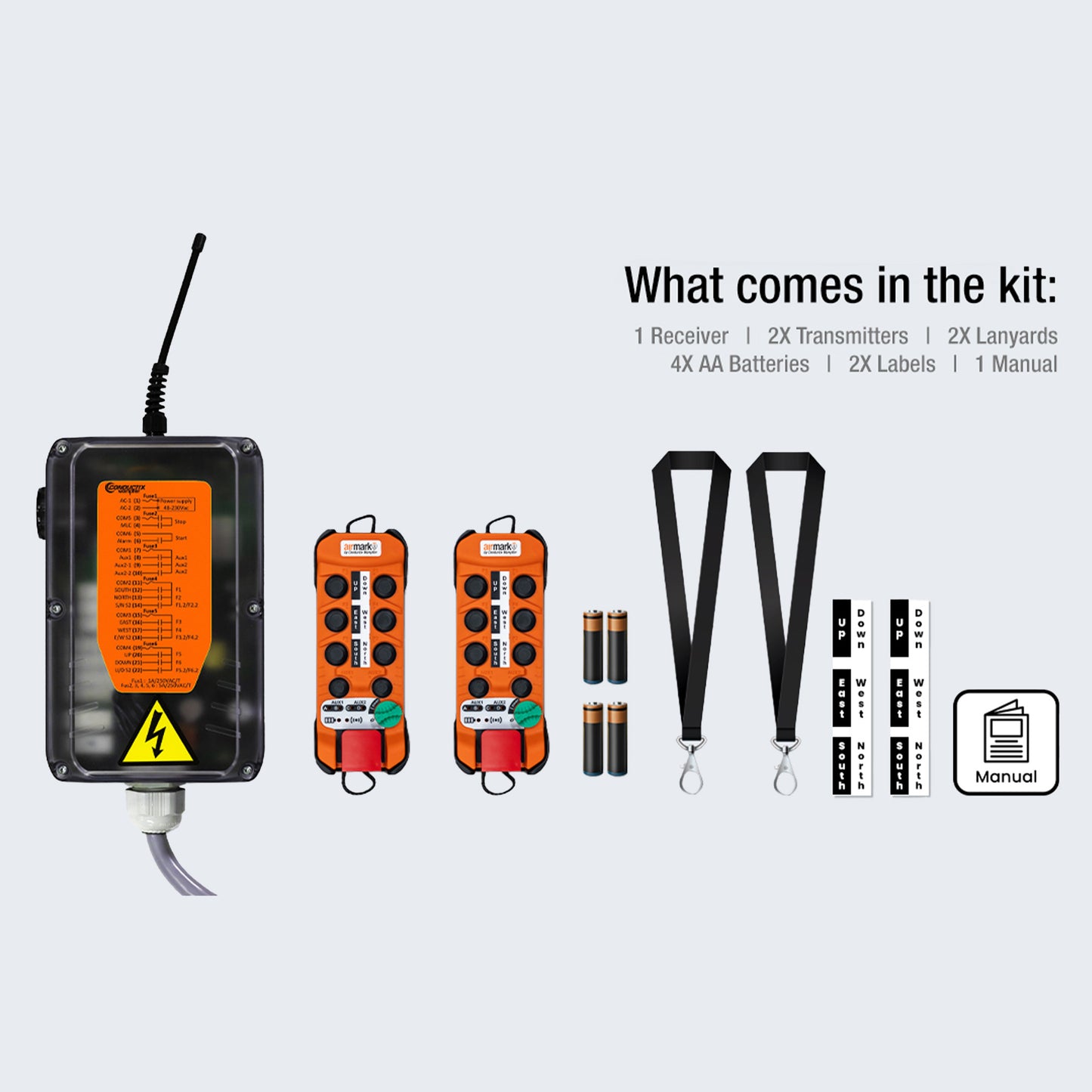 48-230 Volt Airmark Radio Control System with Six  2-speed pushbuttons and Two 1-speed pushbuttons, 1 off/on/start, 1 mushroom button stop, integrated horn and light with 4-wire kit
