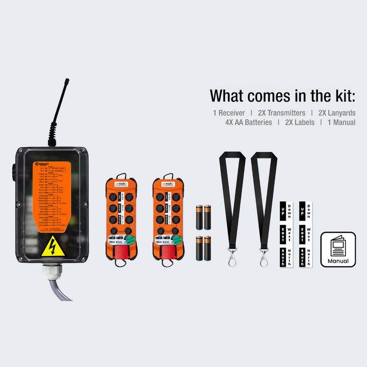 48-230 Volt Airmark Radio Control System with Six  2-speed pushbuttons and Two 1-speed pushbuttons, 1 off/on/start, 1 mushroom button stop, integrated horn and light with 4-wire kit