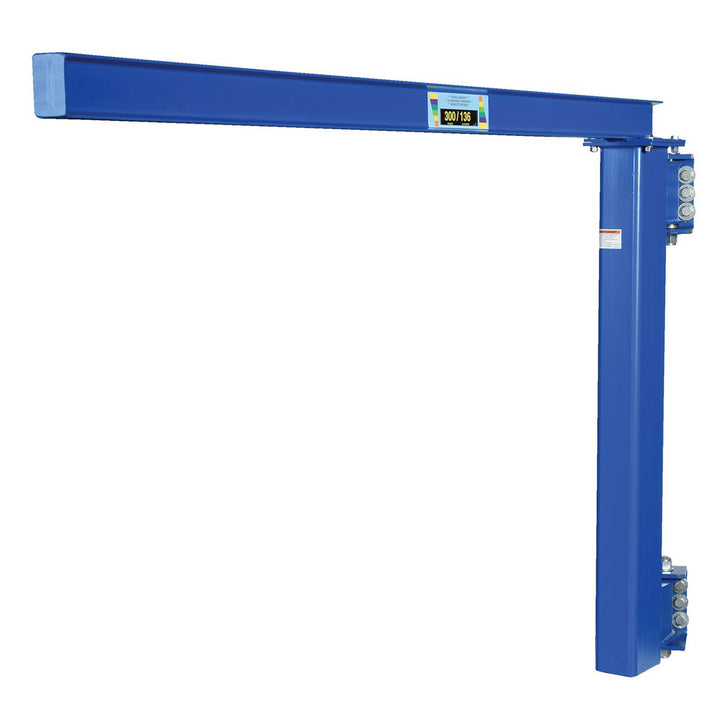 Vestil Wall Jibs (for low ceilings). Under I-Beam To Bottom Frame: 57"; I-Beam Flange Width X Height: 4" x 6"; Overall Height: 63"; Uniform Capacity: 600 lb.