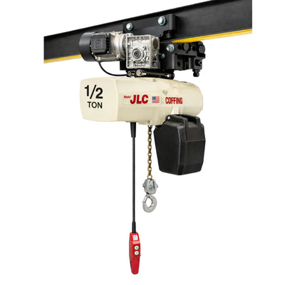 1/2 ton Coffing JLC Electric Chain Hoist with Universal Motorized Trolley, 15ft of lift @ 16fpm, 230/460v