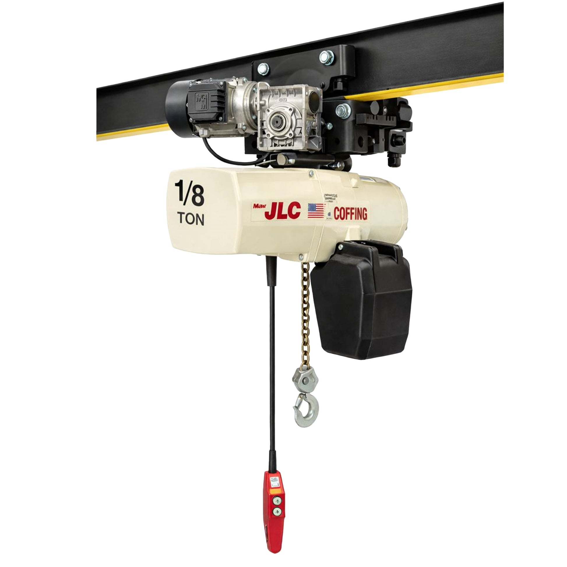 1/8 ton Coffing JLC Electric Chain Hoist with Universal Motorized Trolley, 20ft of lift @ 32fpm, 230/460v