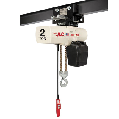 2 ton Coffing JLC Electric Chain Hoist with Universal Plain Trolley, 15ft of lift @ 8fpm, 230/460v