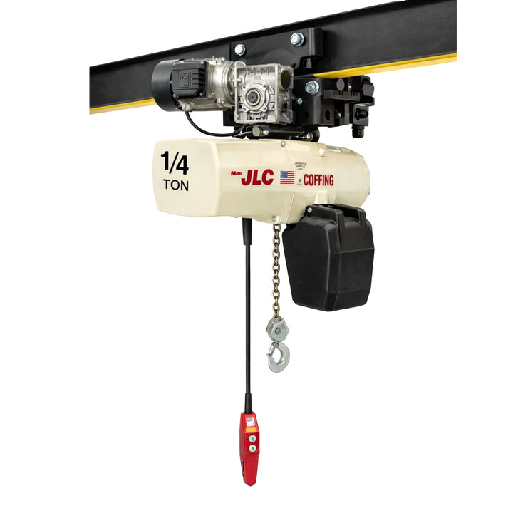 1/4 ton Coffing JLC Electric Chain Hoist with Universal Motorized Trolley, 20ft of lift @ 32fpm, 230/460v