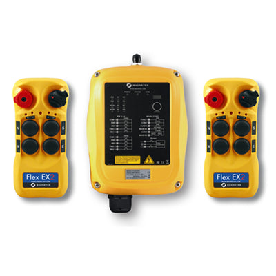One 24 VAC receiver and two transmitters with four 2-speed pushbuttons (2-motion, 2-speed with E-stop, Off/On/Start)
